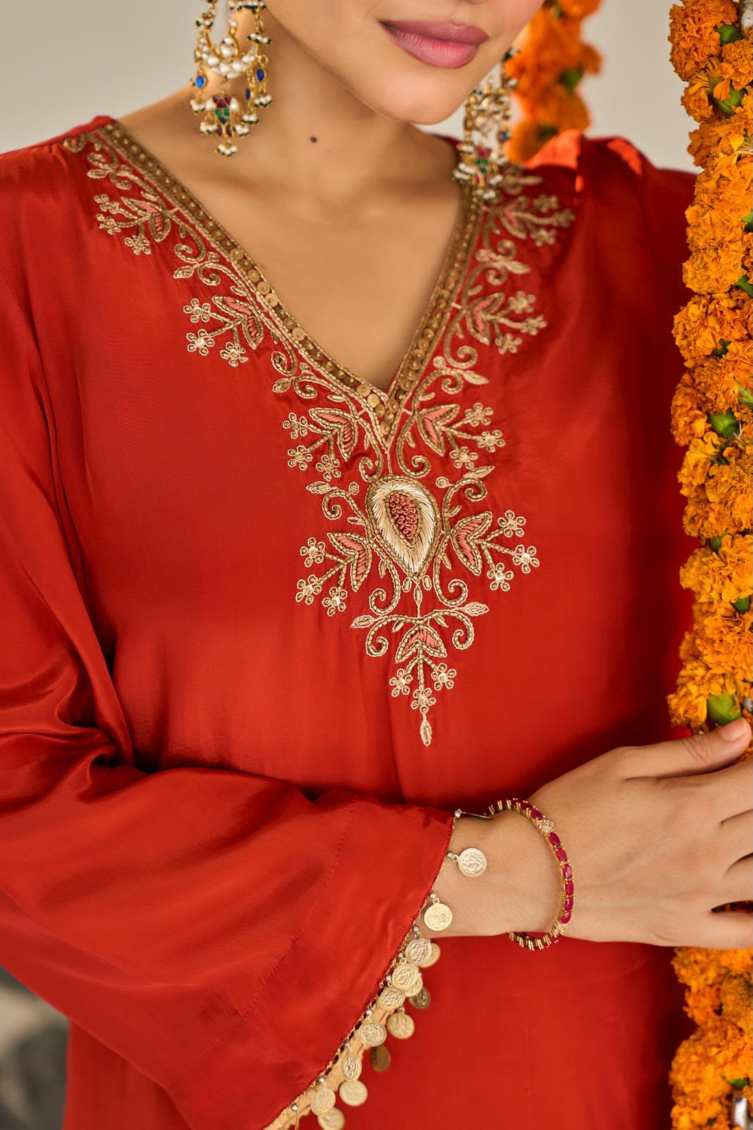 Rust with Crepe fabric Embroidered Kurta with Farshi Salwar & Dupatta