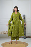 Green Floral Embroidered Suit Set featuring intricate green floral embroidery on a green fabric.