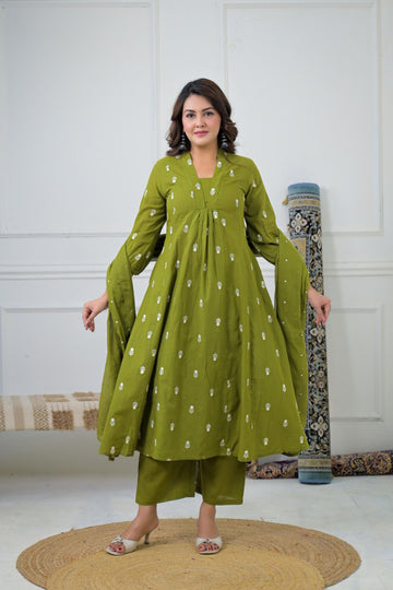 Green Floral Embroidered Suit Set featuring intricate green floral embroidery on a green fabric.
