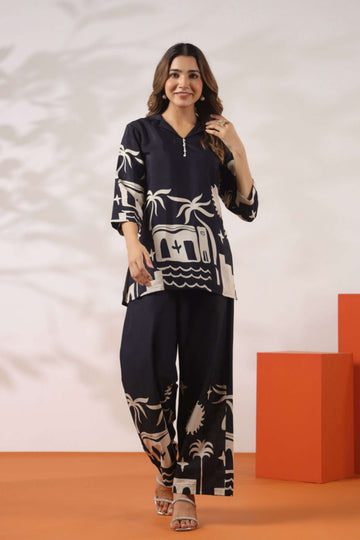 Women's Black Printed Co-Ord Set with Palazzo Pants