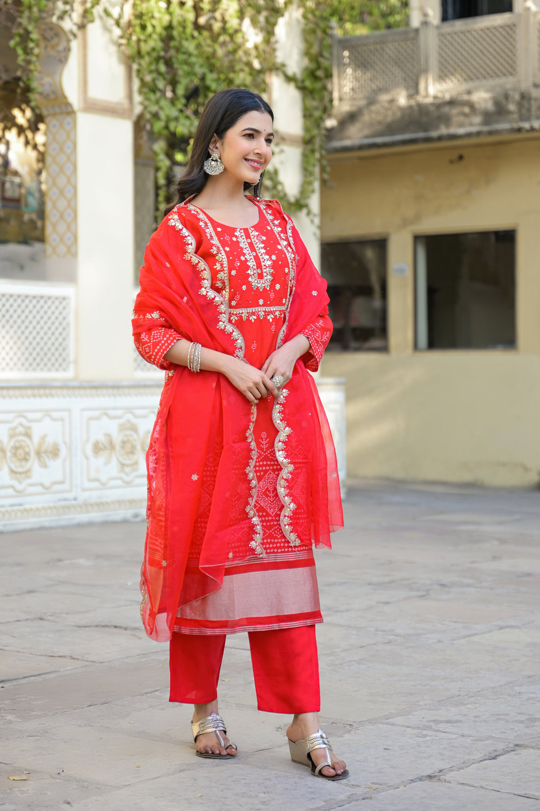 Classic Scarlet Red Ethnic Suit Set with Handcrafted Zari Detailing & Dupatta
