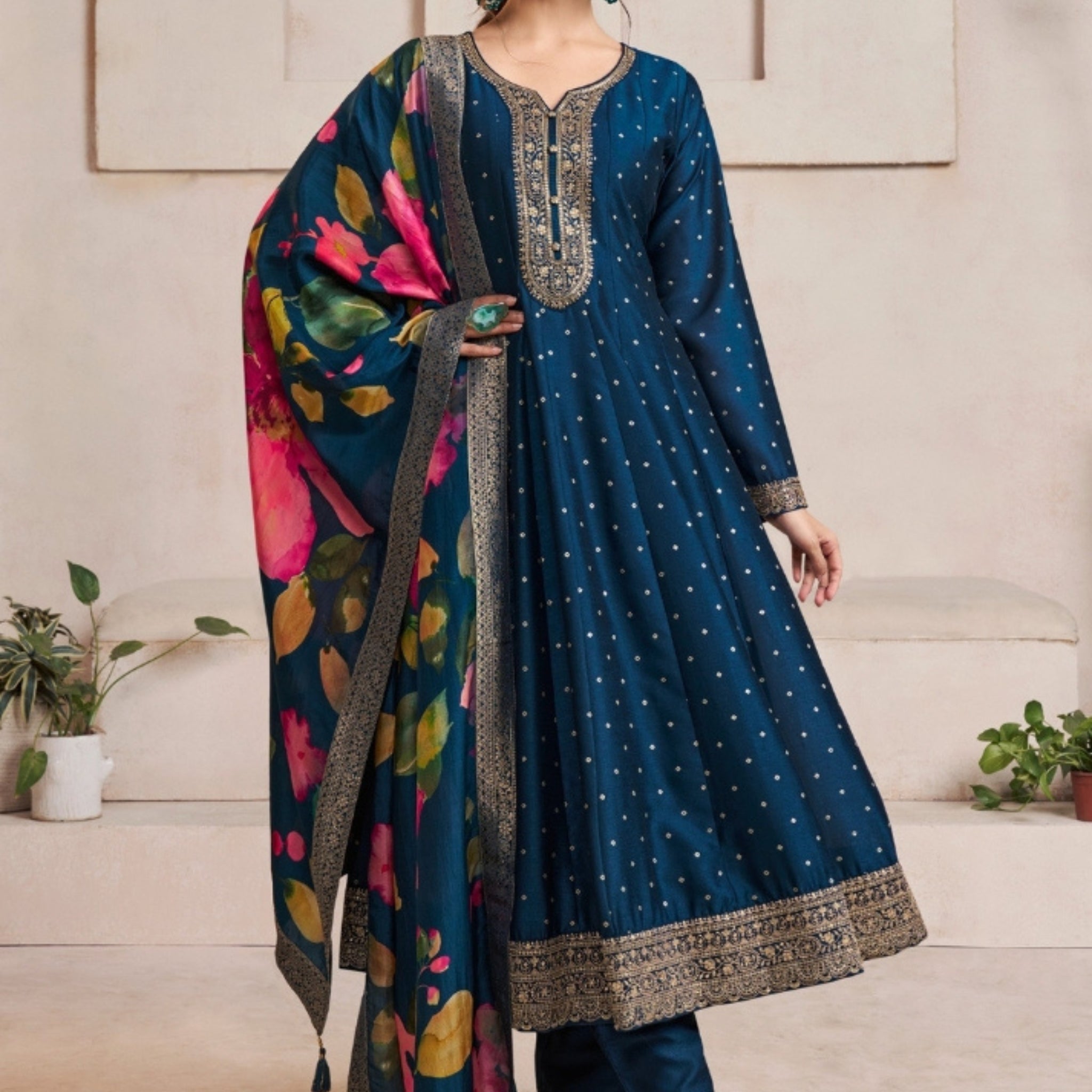 Royal Midnight Blue Anarkali Suit Set with Golden Embroidery & Floral Print Dupatta