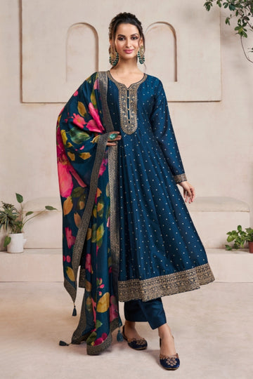 Royal Midnight Blue Anarkali Suit Set with Golden Embroidery & Floral Print Dupatta