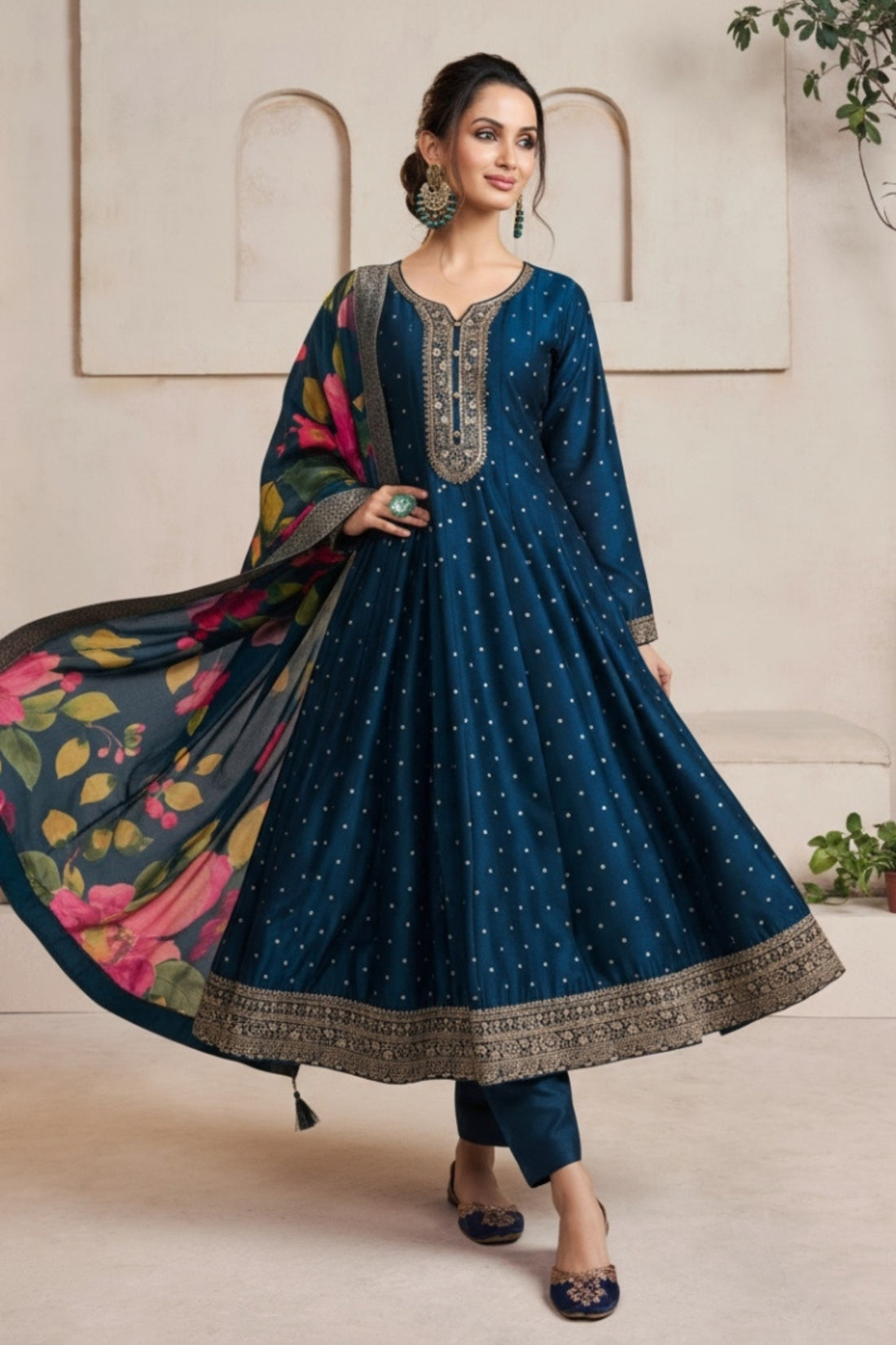 Royal Midnight Blue Anarkali Suit Set with Golden Embroidery & Floral Print Dupatta