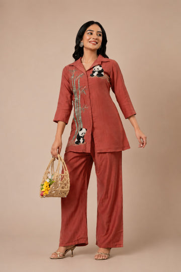 Women's Maroon Embroidered Panda & Bamboo Casual Co-Ord Set