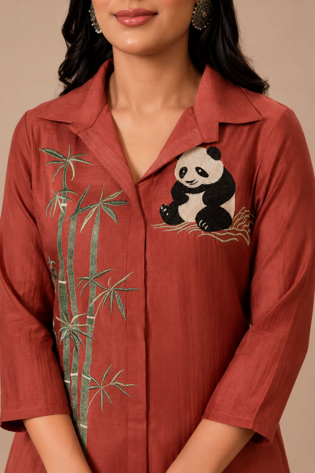 Women's Maroon Embroidered Panda & Bamboo Casual Co-Ord Set
