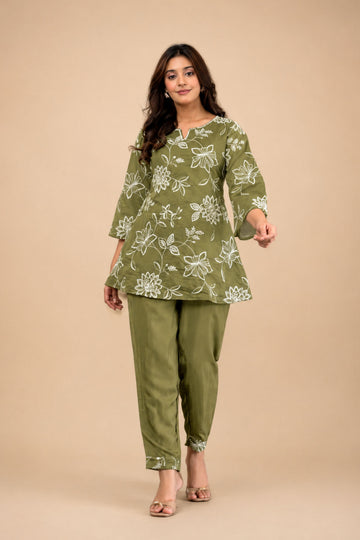 Women's Olive Green Floral Appliqué Embroidered Co-Ord Set