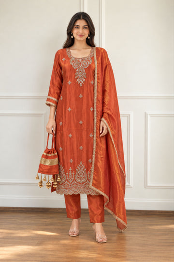 Orange Shimmer Fabric Ethnic Motifs Embroidered Zari Work Straight Kurta Set with Dupatta & Potli