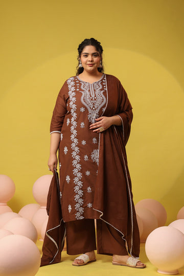 Brown Bloom Chikankari Suit Set