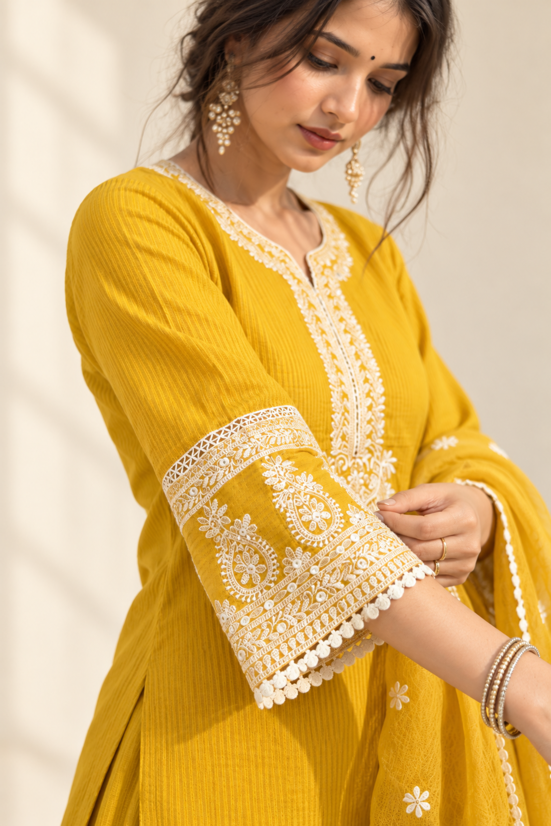 Yellow with cotton fabric Embroidered Round Neck Kurta with Farsi Salwar and Dupatta