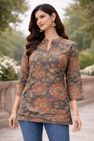 Midnight Blue Kalamkari Printed Short Kurti