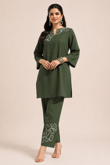 Women's Mehandi Green Embroidered Kurta with Palazzos Co-ord Set