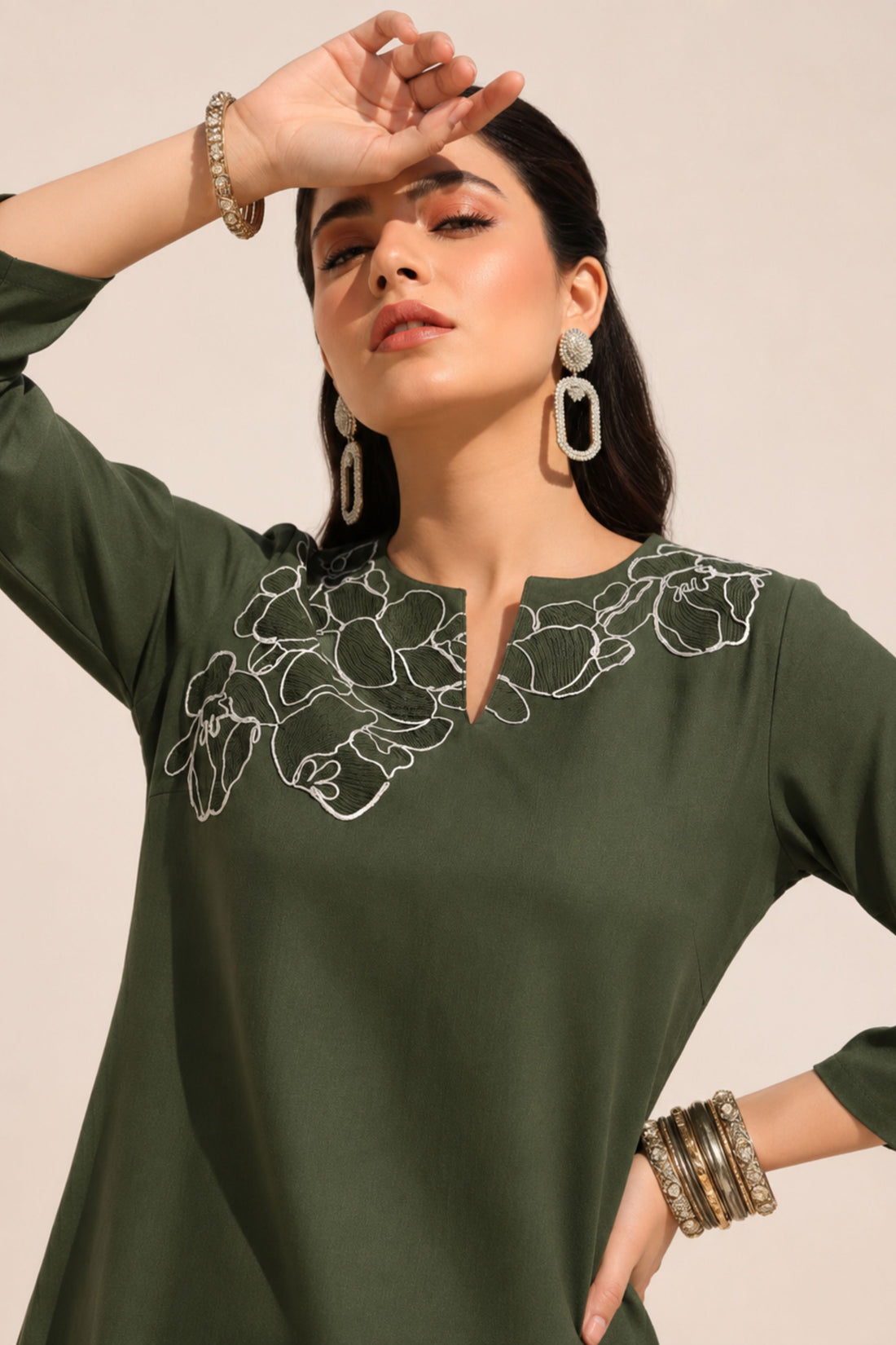 Women's Mehandi Green Embroidered Kurta with Palazzos Co-ord Set