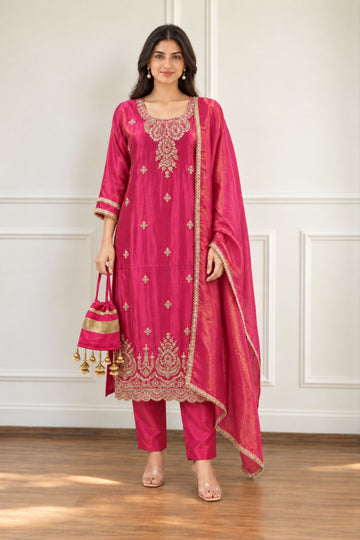 Pink Shimmer Fabric Ethnic Motifs Embroidered Zari Work Straight Kurta Set with Dupatta & Potli