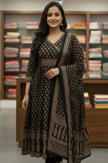 Graceful Black Angrakha style Suit Set with Dupatta