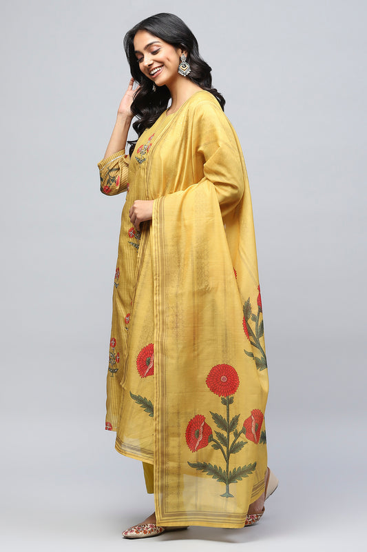 Mustard Printed Readymade Suit Set for Women with Mirror Work – Chic & Traditional