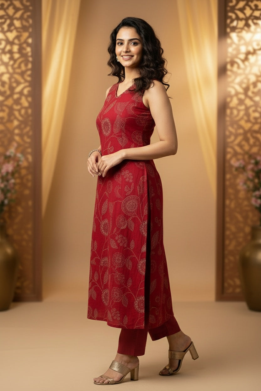 Rustic RED Cotton Co-ord Set – with Delicate Print Work