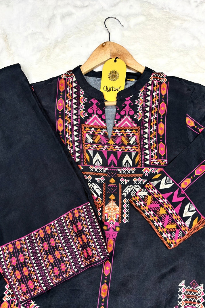 Black Muslin Co-ord Set with Multicolor Ethnic Print