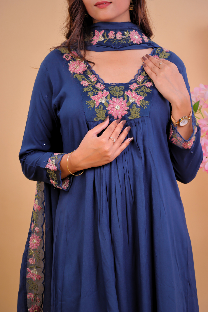 Navy Blue Floral Embroidered Kurta Set with Dupatta