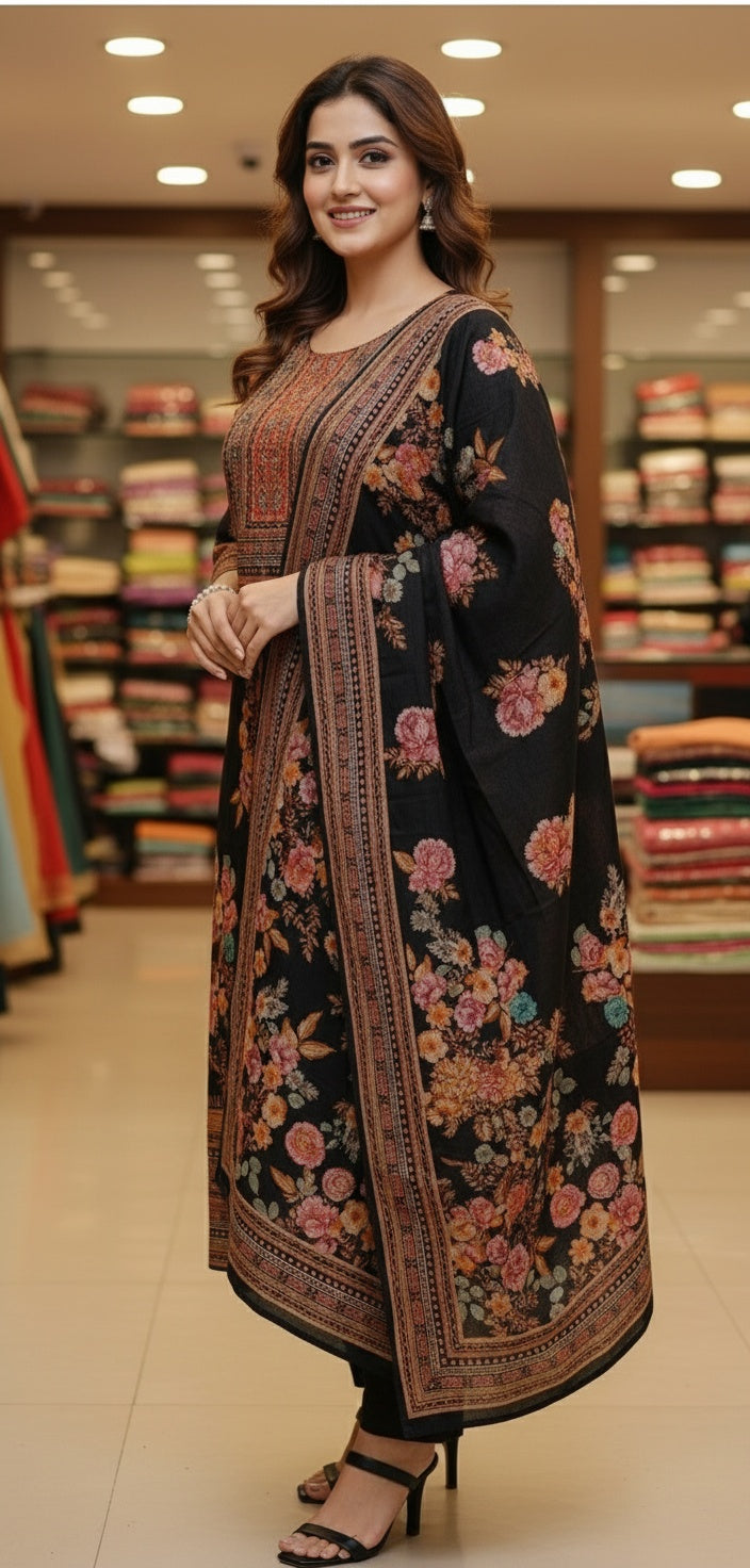 Black Floral Printed Ethnic Suit Set with Dupatta