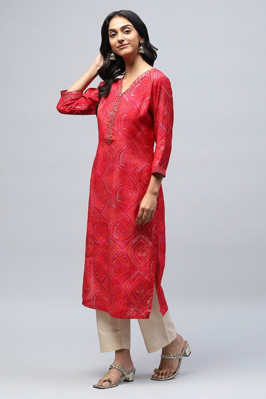 Magenta Bandhani Muslin Printed Kurta for Women – Traditional & Stylish