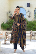 Three-piece cotton suit set for women, featuring a printed kurta, matching pants, and a dupatta.