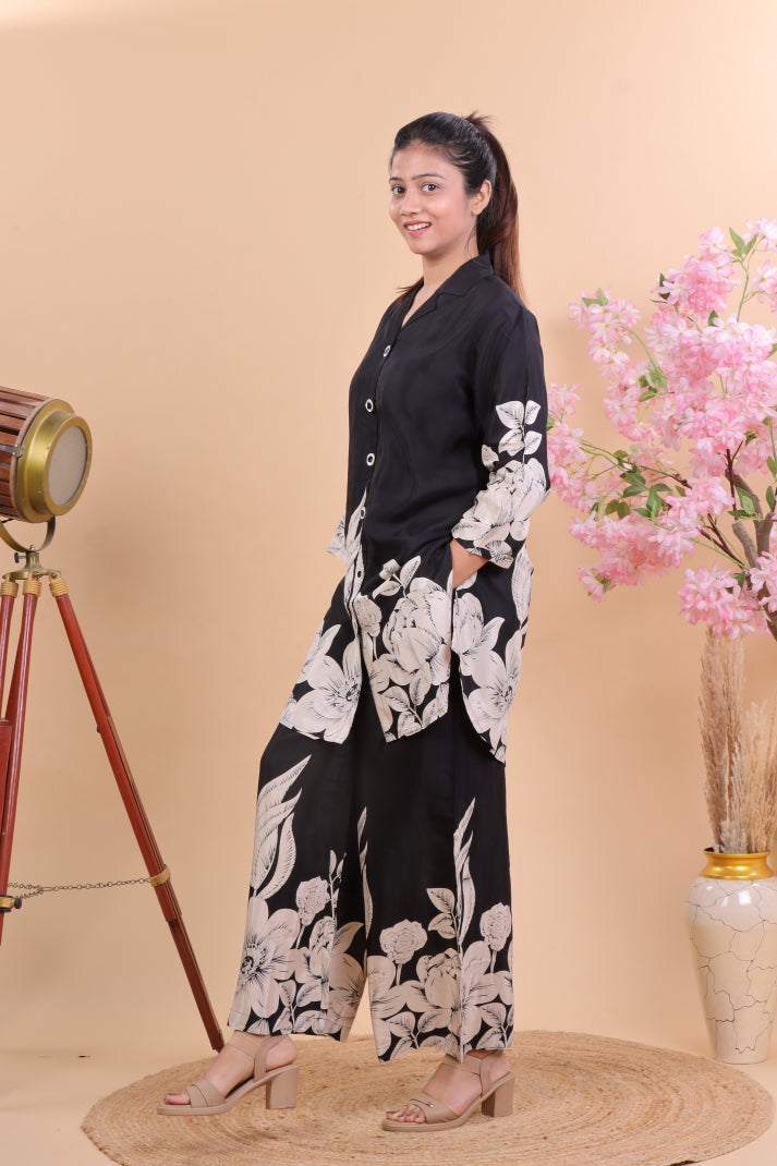 Elegant Black & White Floral Printed Co-ord Set