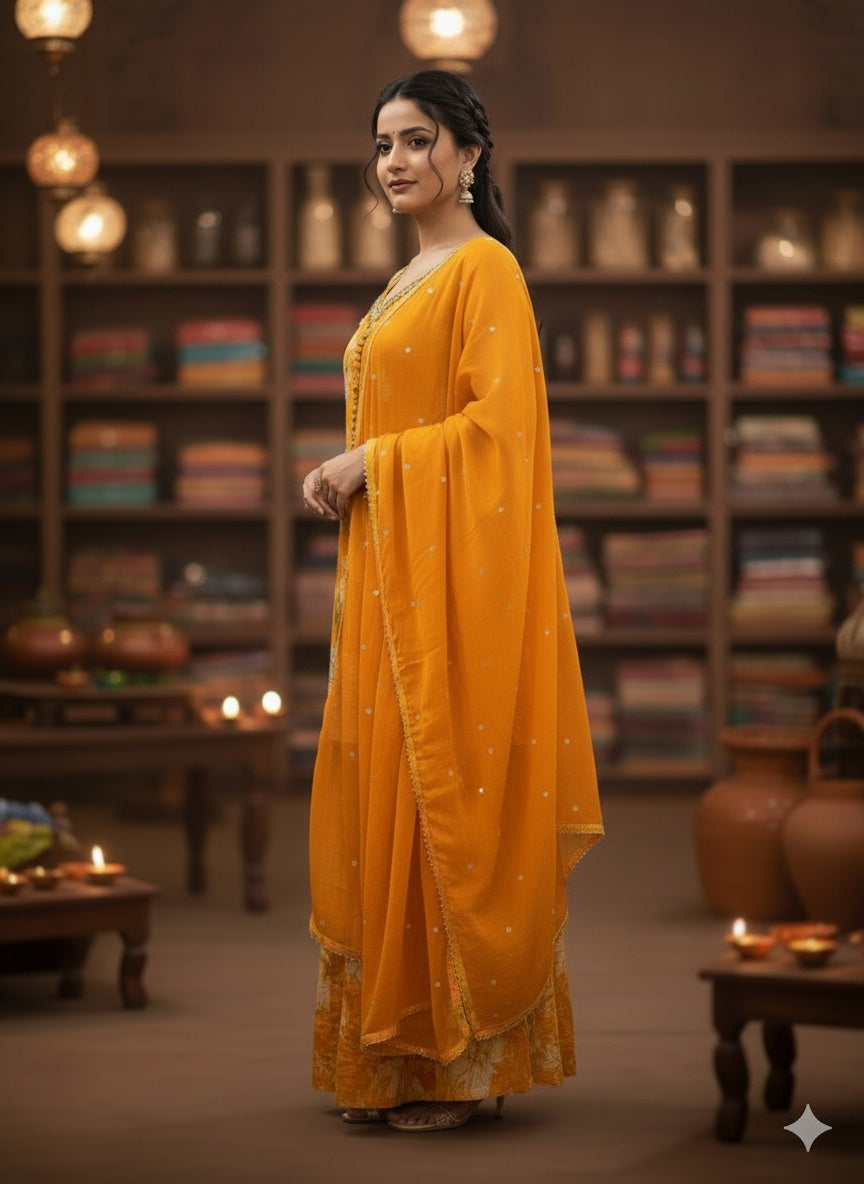 Mustard Yellow Designer Palazzo Set with Luxe Detailing