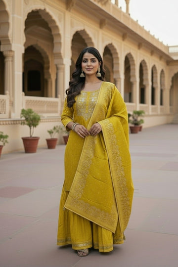 Lime Yellow Festive Sharara Outfit with Luxe Ethnic Detailing