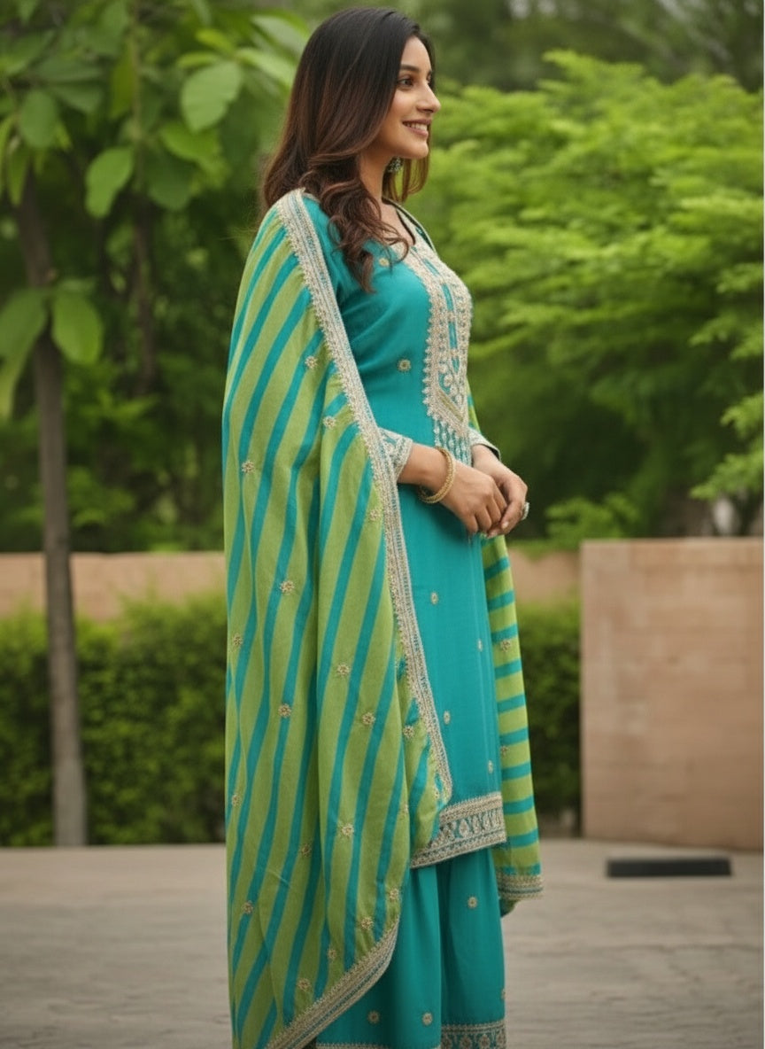 Festive Firozi Palaazo Suit Set with Intricate Embroidery & Striped Dupatta