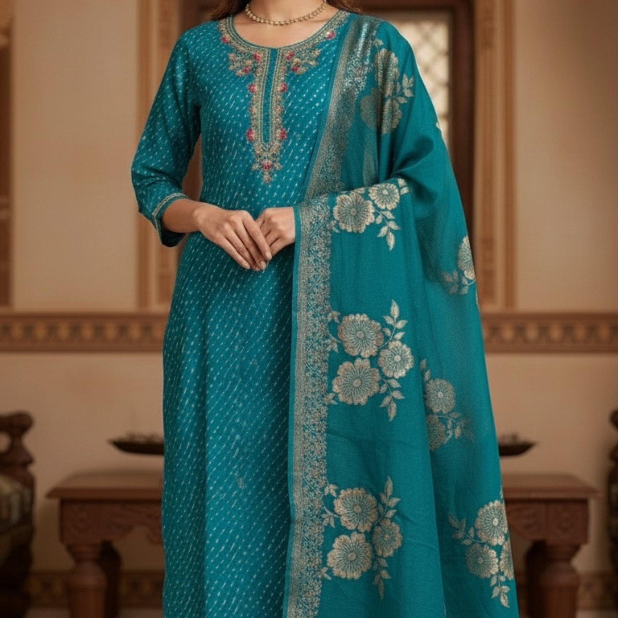 Rama Green Muslin Kurta Set with Intricate Neck Embroidery & Banarasi Dupatta
