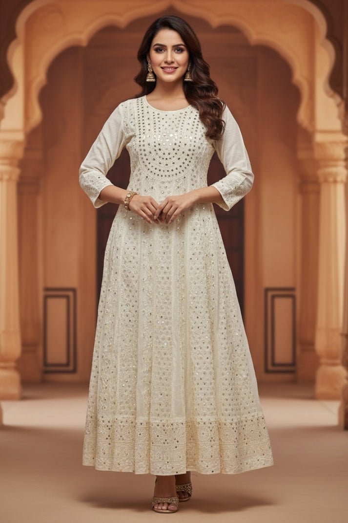 Ethereal Cream White Mirror Work Anarkali Suit Set with Dupatta