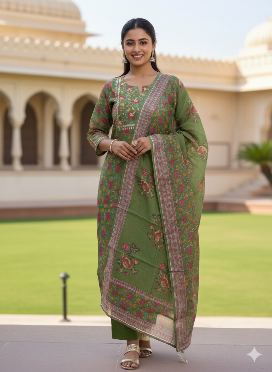 Premium Green Chanderi Ethnic Suit Set with Printed Dupatta