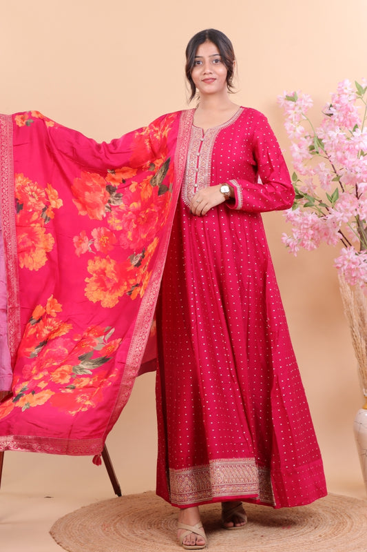 Radiant Pink Silk Anarkali Suit Set with Floral Dupatta & Intricate Embroidery