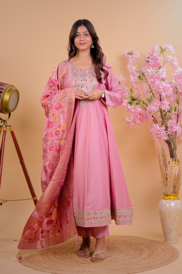Blush Pink Silk Anarkali Suit with Intricate Zari Embroidery & Floral Dupatta