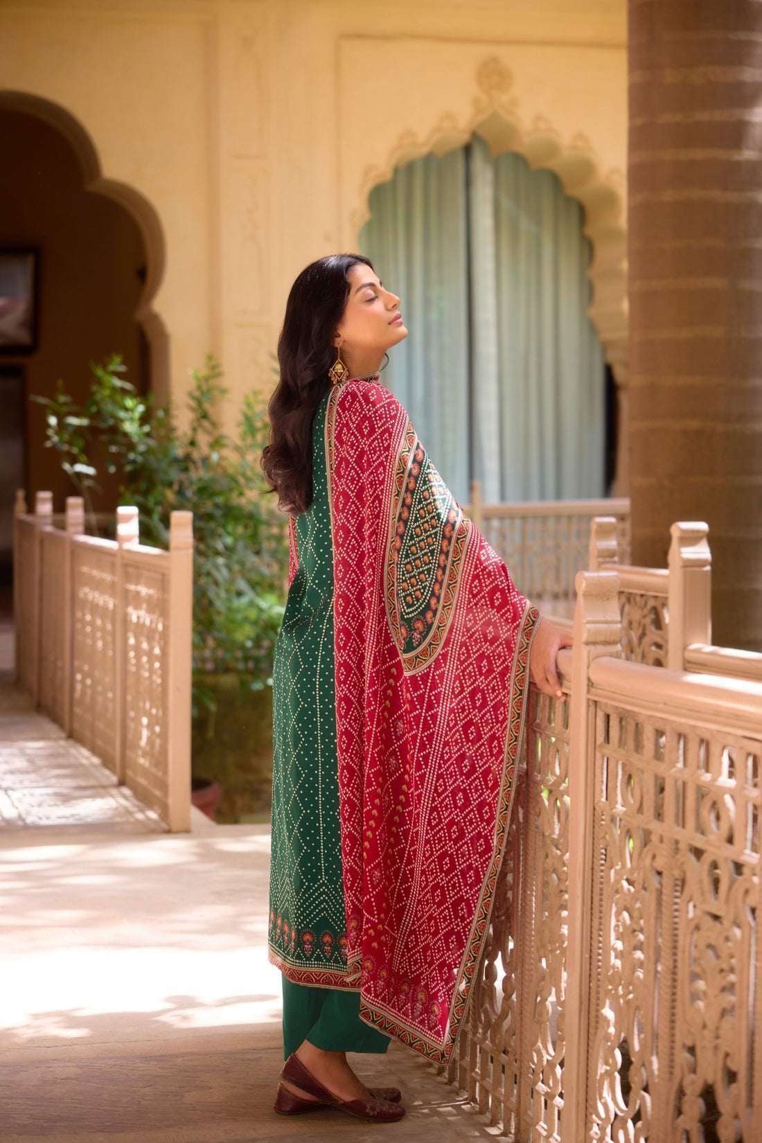 Emerald Green Bandhej Kurta Set with Mirror Work & Ajrakh Print Dupatta