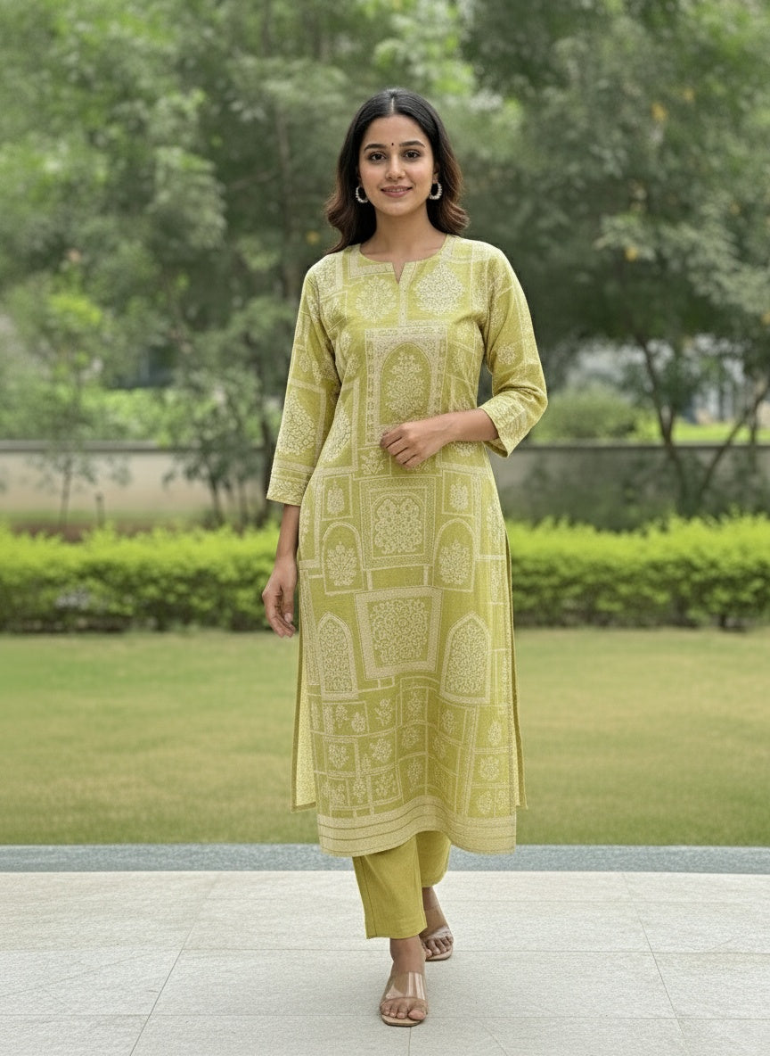 Mehndi Sage Embroidered Chanderi Kurta Suit Set with Dupatta