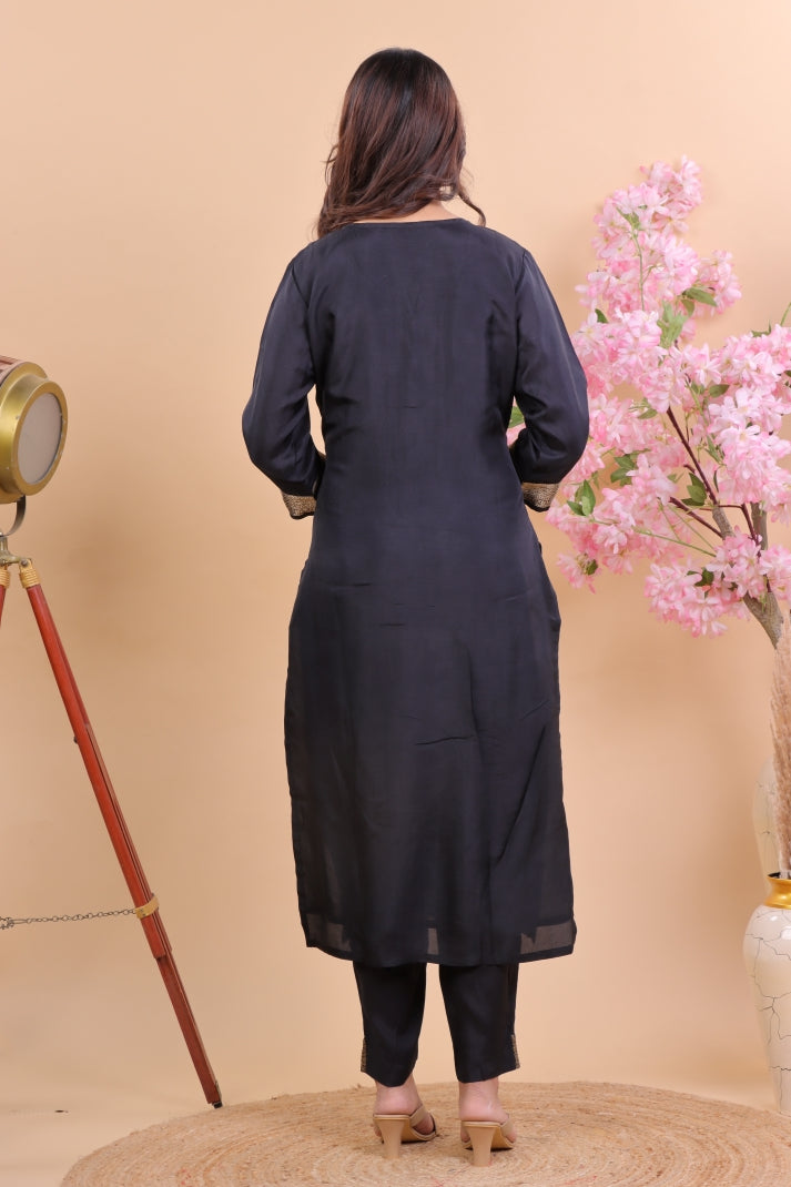 Luxury Black Miscos Kurta Set with Golden Embroidery & Printed Dupatta
