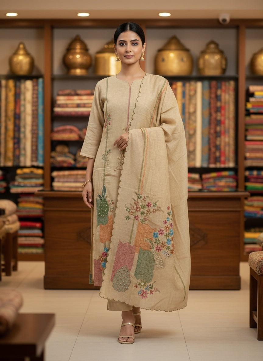 Neutral Beige Kurta & Pants with Dupatta – Artisanal Embroidery