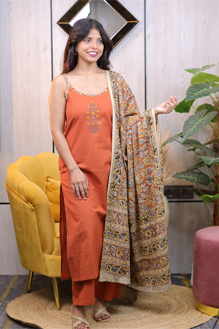 Rust Orange Cotton Kurta Set with Kalamkari Dupatta – 3 Piece Ethnic Ensemble
