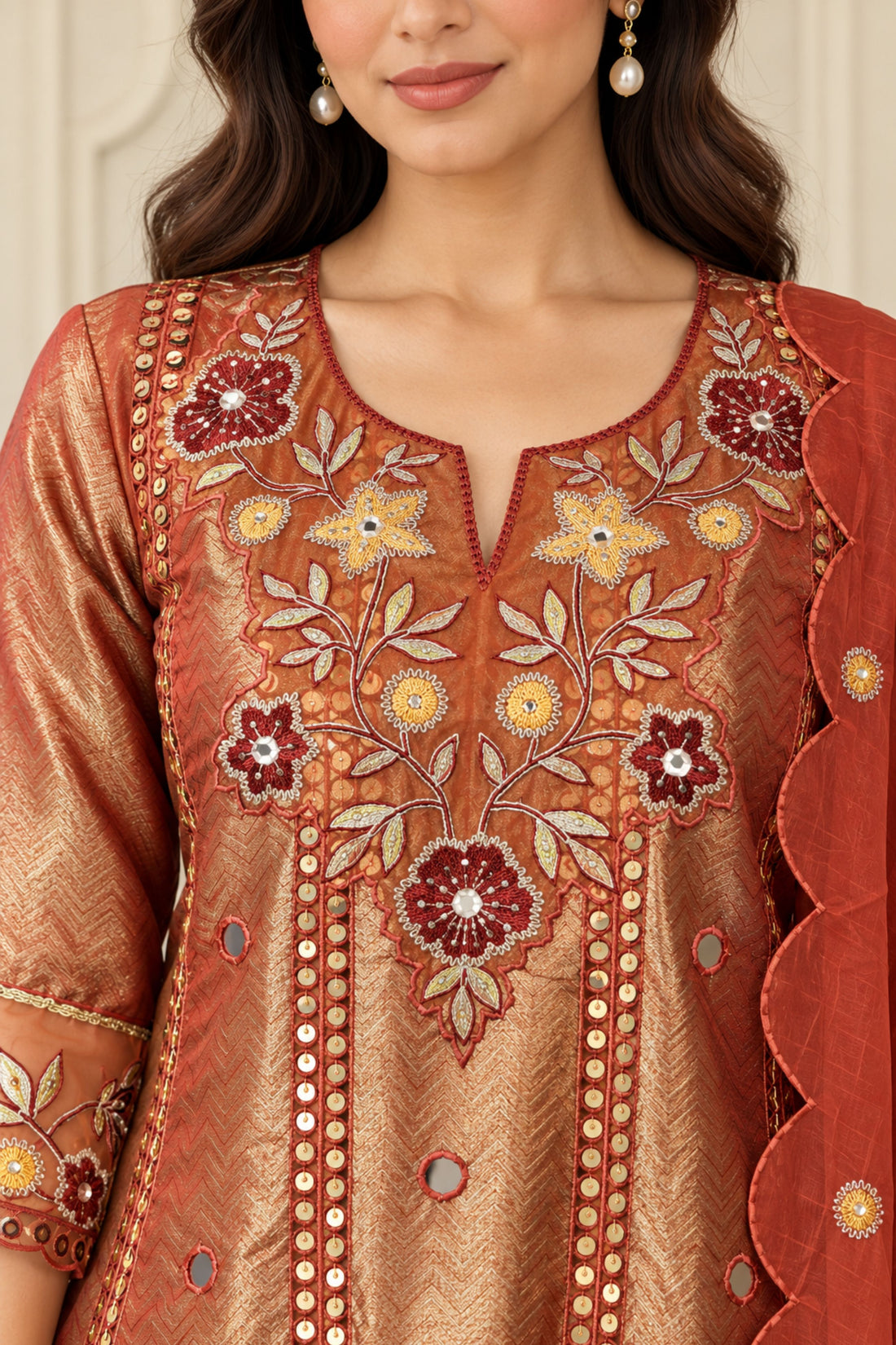 Dusty Rose Shimmer Fabric Floral Embroidered Mirror Work Kurta with Salwar & Dupatta