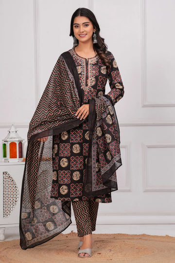 Black and rust geometric print cotton kurta pant and dupatta set.