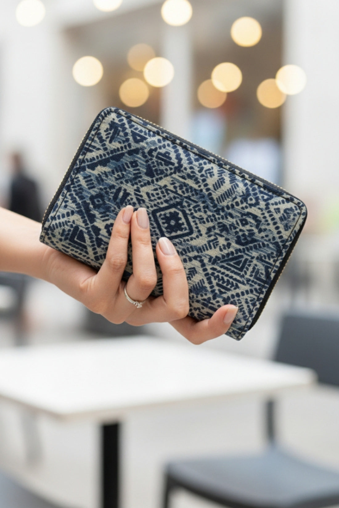 Indigo Geometric Handcrafted Ethnic Fabric Wallet, featuring intricate blue and white patterns on a textured fabric.