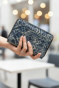 Indigo Geometric Handcrafted Ethnic Fabric Wallet, featuring intricate blue and white patterns on a textured fabric.