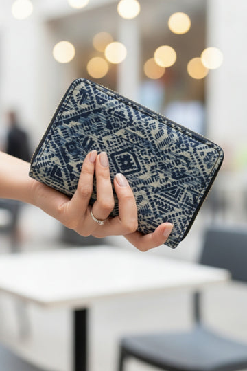 Indigo Geometric Handcrafted Ethnic Fabric Wallet, featuring intricate blue and white patterns on a textured fabric.