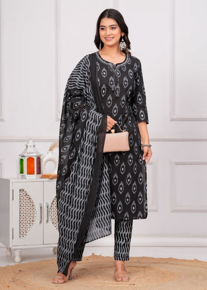 Classic Black & Grey Ikat Cotton Kurta Pant Dupatta Set