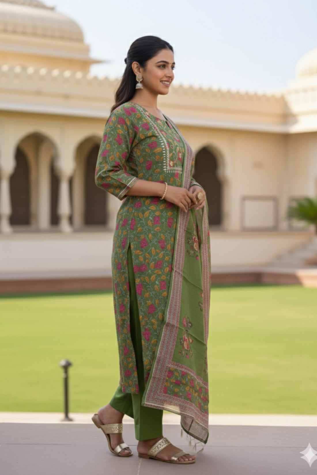 Premium Green Chanderi Ethnic Suit Set with Printed Dupatta