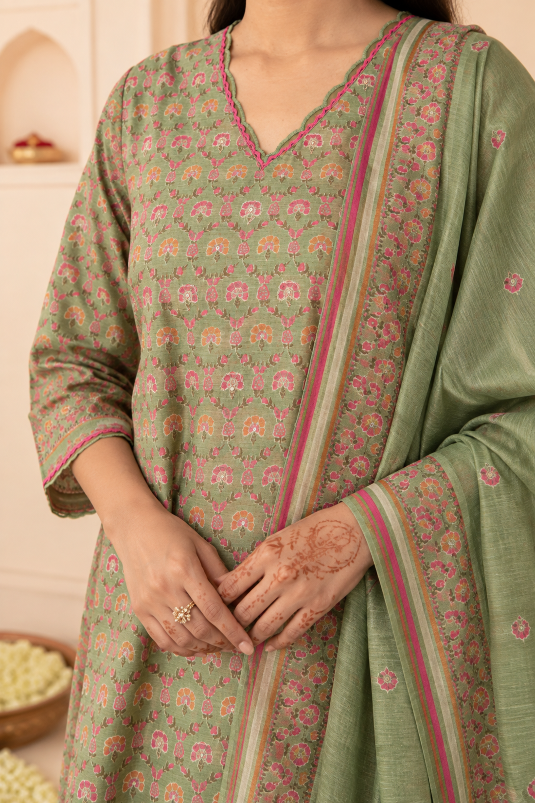 Green with chanderi fabric Floral Printed Anarkali Kurta with Dupatta