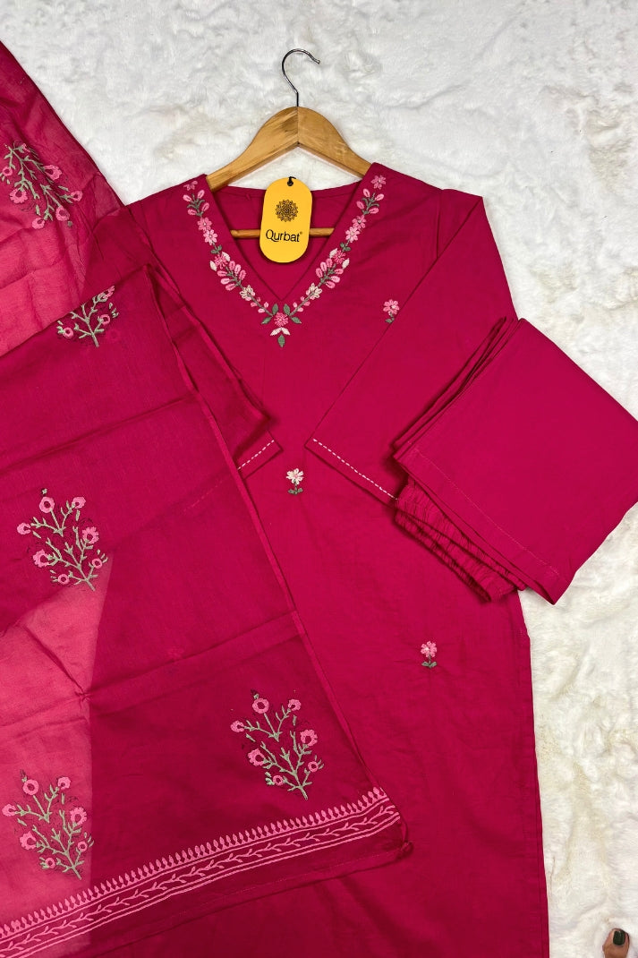 Elegant Pink Cotton Embroidered 3-Piece Suit Set