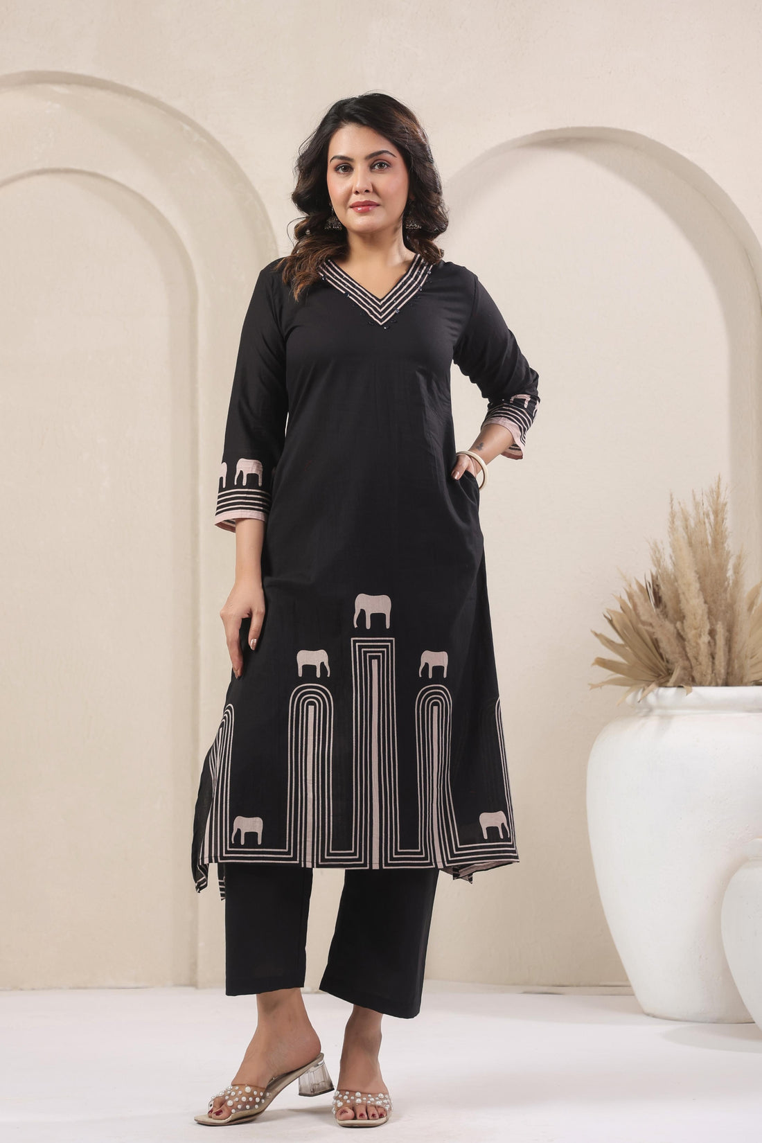 Elephant motif printed kurta set for women, featuring a vibrant print on a comfortable fabric.